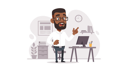 Professional African American man speaking or presenting in a modern office setting. Ideal for business, education, or corporate communication concepts.