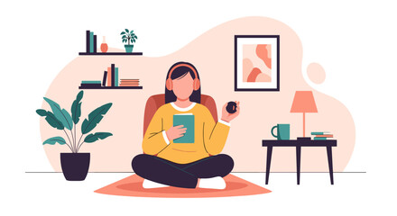 Young woman relaxing at home, wearing headphones, reading a book, and enjoying a quiet moment. Cozy lifestyle, education, and leisure.