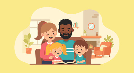 Happy diverse family reading a book together in their cozy living room. Illustrates family bonding, education, and quality time at home.