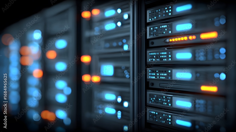 Poster row of illuminated server racks in a data center