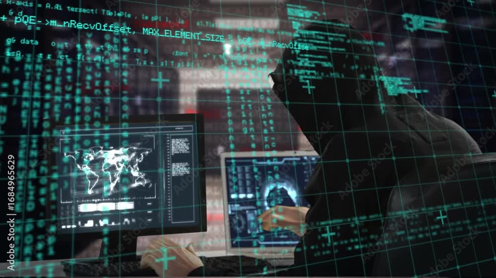 Poster animation of data processing over caucasian male hacker using laptop