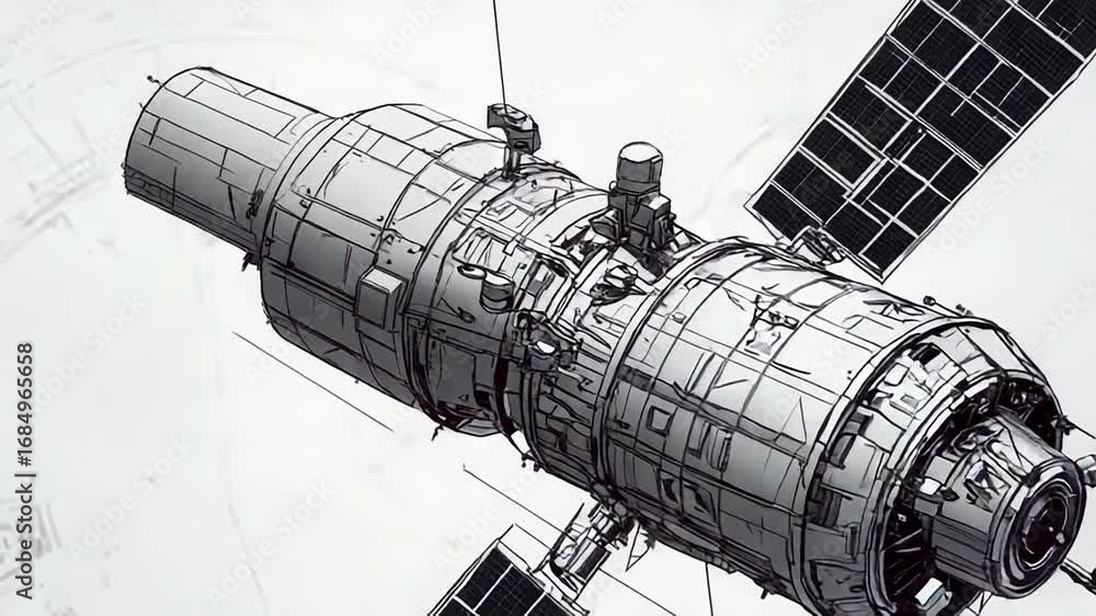 Poster space station floating in orbit with solar panels generating power