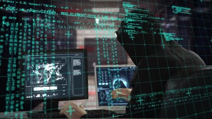 Animation of data processing over caucasian male hacker using laptop - Powered by Adobe