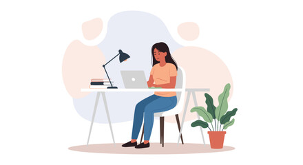 Young woman focused on remote work at home office desk with laptop. Ideal for business, technology, education, and modern lifestyle concepts.