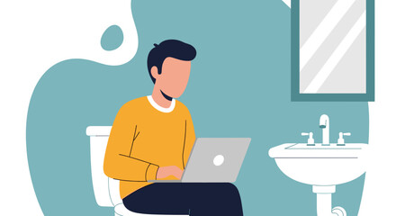 Man working on laptop while sitting on toilet, illustrating remote work, flexible hours, or multitasking lifestyle at home.