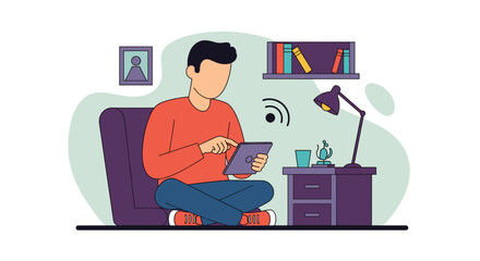 Man comfortably uses a tablet at home, connected to Wi-Fi. Perfect for remote work, online learning, or casual browsing, highlighting modern digital lifestyle and connectivity.
