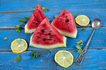 pieces of refreshing watermelon, lemon and mint for lemonade