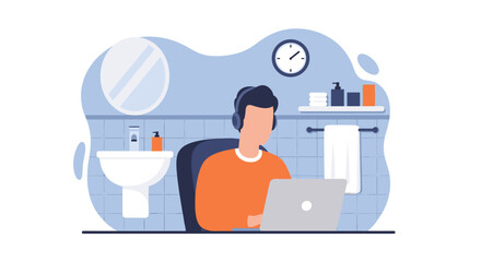 Professional works remotely from an unconventional bathroom home office, highlighting modern work flexibility and adaptability.