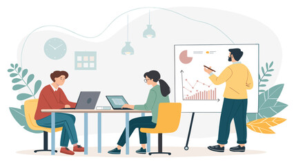 Professionals collaborate in a modern office, analyzing data and discussing business strategy during a productive team meeting. Ideal for corporate, finance, and training concepts.