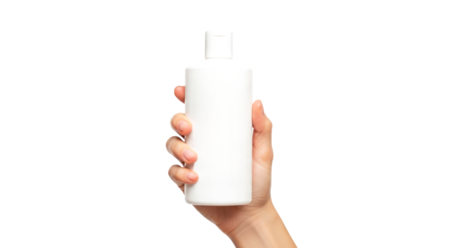 presenting a pristine white bottle a hand reveals pure skincare, a symbol of beauty and selfcare, isolated on transparent background