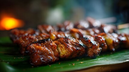 Sizzling grilled meat skewers beautifully charred and glistening served on a fresh banana leaf evoking an authentic street food experience