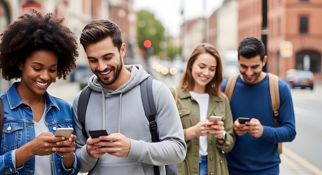 Handphone Addiction A diverse group of young friends smiling as they connect on social media with their smartphones while walking through the city