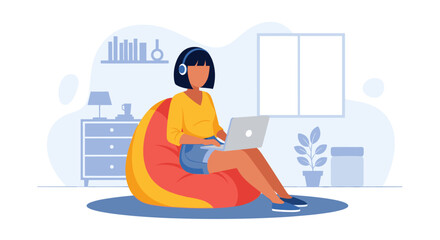 Young woman comfortably working from home on her laptop while listening to music, embodying remote work and modern lifestyle flexibility.
