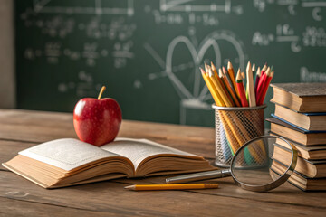 Apple and books on a wooden desk in a classroom scene on transparent background