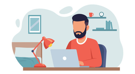 Bearded man working remotely on a laptop at a home desk. Represents freelance, online education, or modern business productivity and lifestyle.