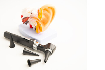 Otoscope with model for audiologist or ENT doctor use otoscope checking ear and treat hearing loss...