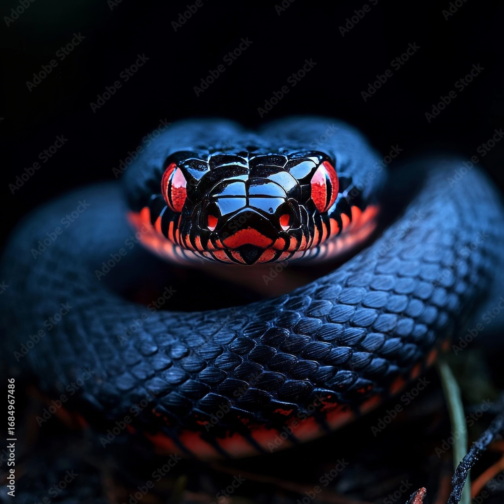 Aufkleber close-up of a captivating snake with red eyes and intricate scale patterns on dark background