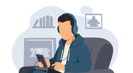 Person with headphones using a smartphone and laptop for digital content, learning, or entertainment. Ideal for themes of technology, remote work, or modern lifestyle.