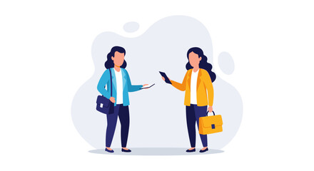 Two professional women engage in a business interaction, exchanging information on digital devices, representing modern collaboration and communication.