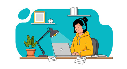 Focused young woman in headphones and a hoodie works on her laptop at a home desk. Perfect for themes of remote work, online education, or modern productivity.