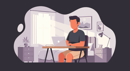 Person working from home on a laptop in a bright bedroom, ideal for remote work, online education, or modern lifestyle themes.