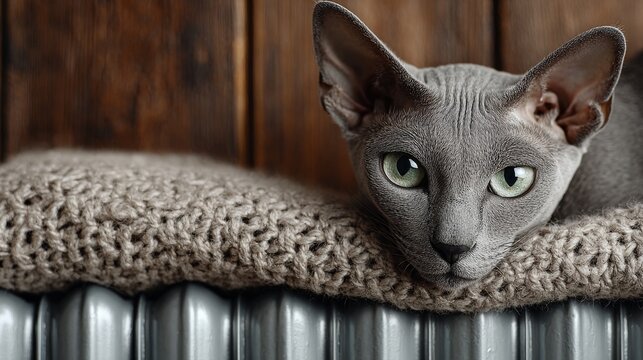 A gray hairless Sphynx cat rests on a knitted blanket atop a heating radiator. The comfort during the heating season