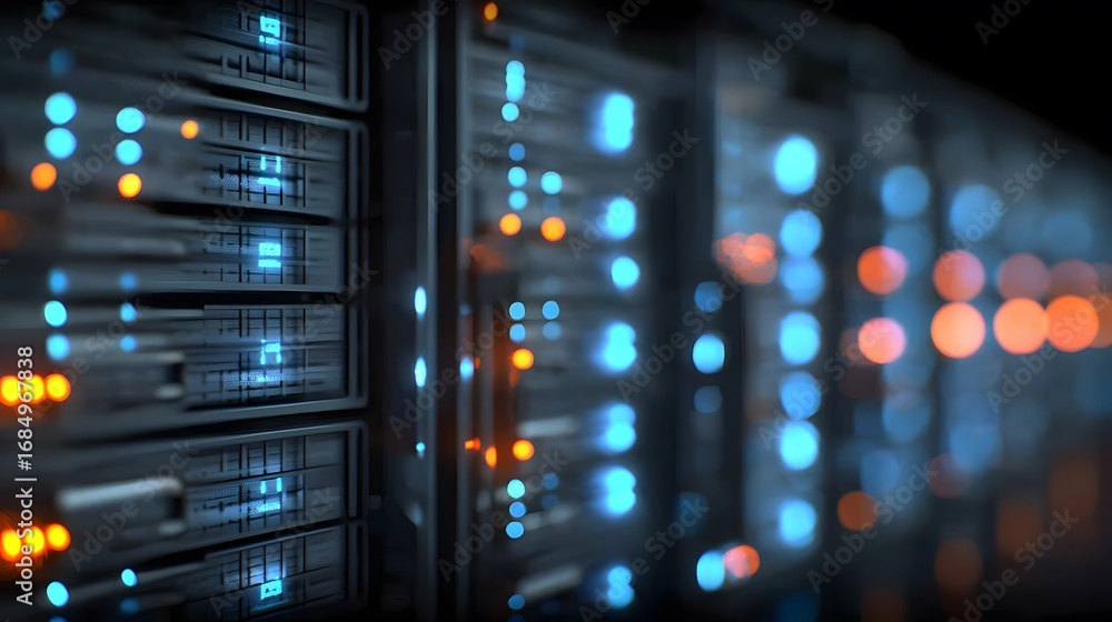 Poster server rack with illuminated components in a data center