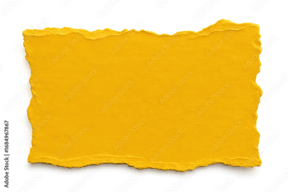 Poster ragged yellow paper fragment creating textured frame with torn edges, sitting against transparent ba