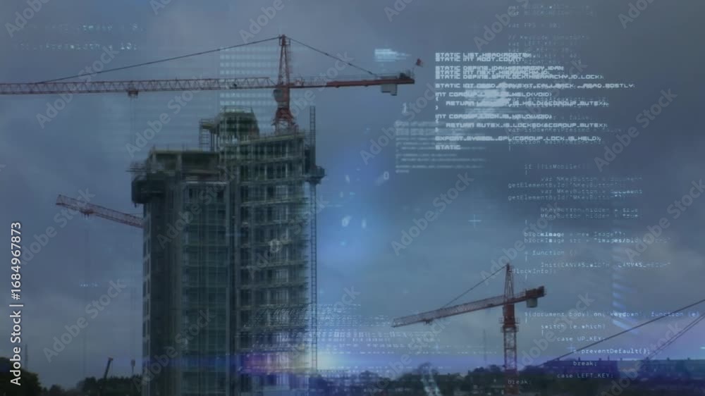 Poster animation of data processing over construction site