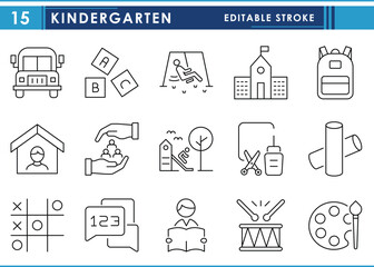Kindergarten related line icons set. Kids, fun, joy, learn, learning, school bus, read, and so on. Vector editable stroke.