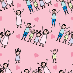Seamless pattern with happy family on pink background. Vector illustration.