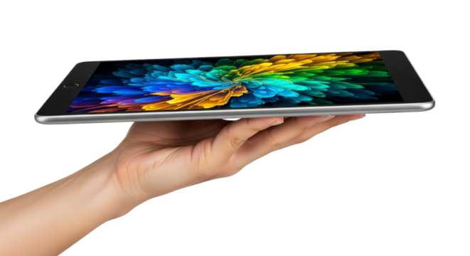 presenting the future a hand offers sleek tablet with vibrant display, isolated on transparent background