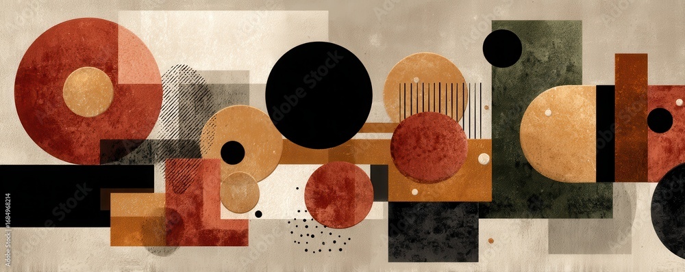 Poster abstract geometric pattern with retro colors and layered circular and rectangular shapes