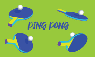 Ping pong poster, rackets different, balls, green background, flat style, tournament design, table tennis competition. Sports store decor, racket sports accessories, activity, hobby, indoor game
