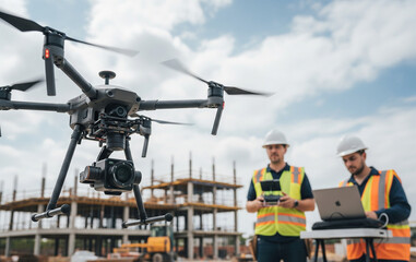 Collaboration between workers and drone improves construction project efficiency.