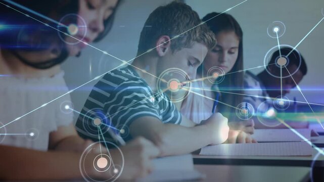 Animation of connections over diverse students learning at school - Powered by Adobe