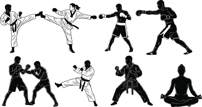 Martial arts, karate, boxing, kickboxing, fighter silhouettes, training poses, combat sports, meditation, self-defense, fitness, discipline, athletes, sparring