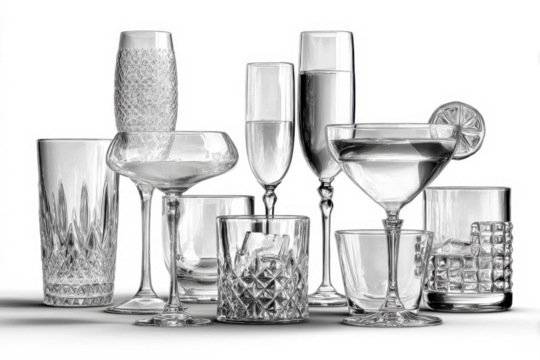 Empty cocktail glass PNG set bundle, transparent isolated background. Mixology, bar inventory glassware, various drink glasses collection. Highball, rocks, martini, champagne, old fashioned, tumbler