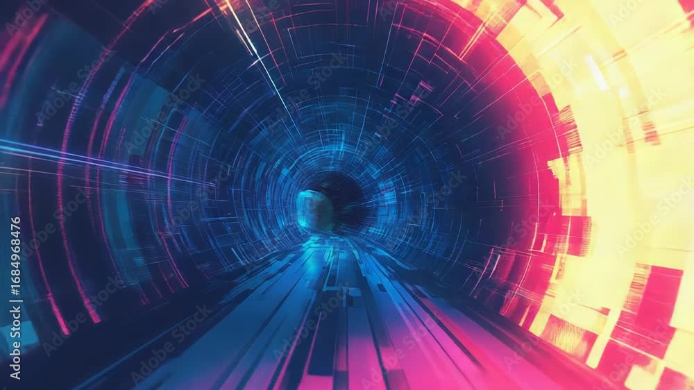 Poster digital data flowing through futuristic cyberspace tunnel visualization