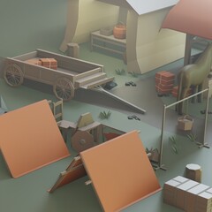 View of the horse stables located across from the camping tents, 3d illustration, 3d render