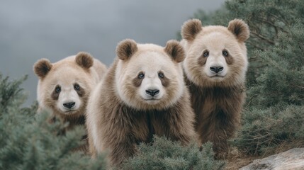 Fototapeta premium Three adorable pandas in their natural environment, a captivating wildlife image