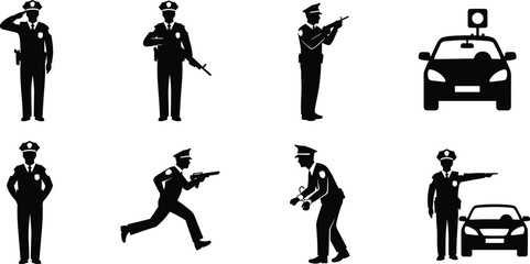 Police officer silhouettes saluting, holding guns, running, investigating, directing traffic, and police car, law enforcement, security, public safety, crime prevention