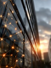 Fototapeta premium Modern Architecture with Stylish Glass Facade and Sunset Reflection