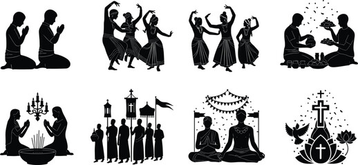 Religious and cultural traditions with prayer, meditation, ritual ceremonies, group worship, spiritual dance, offerings, faith, peace, devotion, and community gatherings