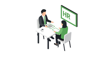 Isometric illustration of an HR job interview business meeting recruitment employment office manager candidate discussion documents corporate professional vector flat green
