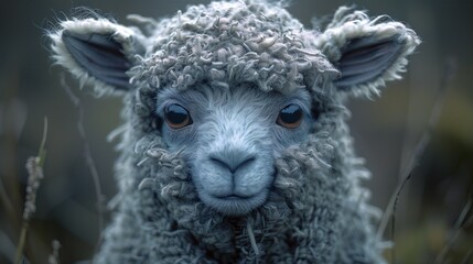 An adorable close-up of a fluffy lamb with soft, curly fur and curious brown eyes, exuding innocence and warmth in a serene outdoor setting