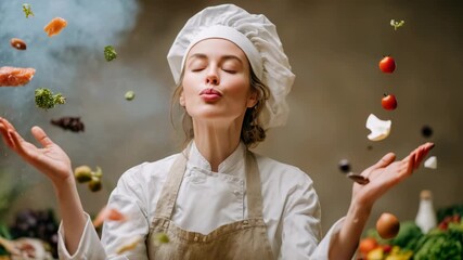 Chef throws food into the air with his eyes closed. Concept of magic of taste and culinary creativity.