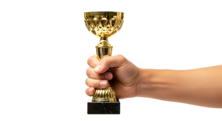 triumphant hand holding gleaming golden trophy a symbol of victory and achievement, isolated on transparent background
