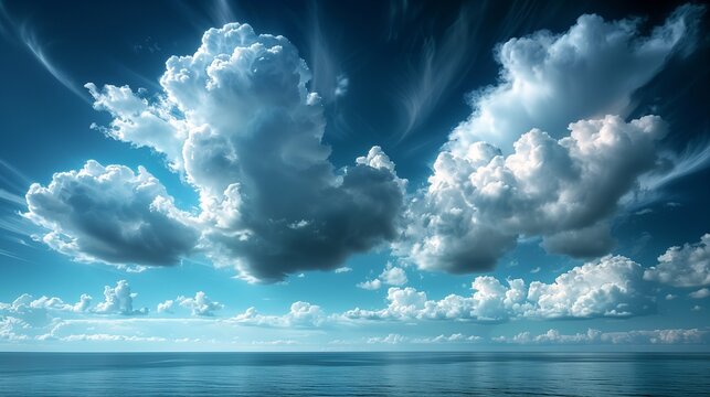 A breathtaking view of a clear blue sky filled with fluffy white clouds rolling over a tranquil ocean, capturing the vast beauty and peacefulness of nature
