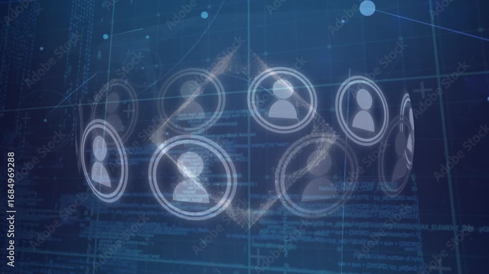 Poster animation of network of connections with people icons over data processing and grid